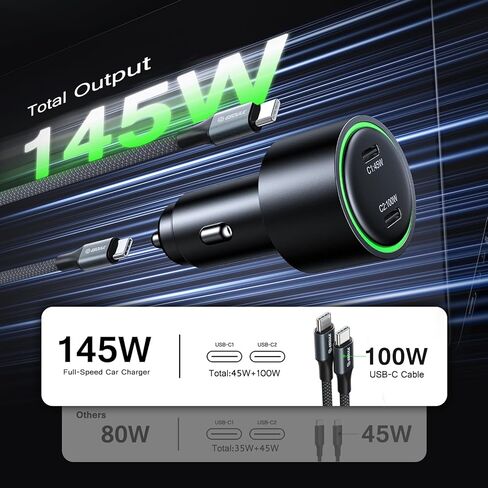 [Esoulk] 145W Fast USB C Car Charger, Dual PD Car Charger Adapter with 100W + 45W Ports, Cigarette Lighter USB Charger for iPhone, Samsung, Laptop in Kuwait