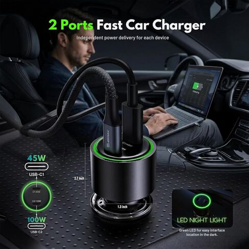 [Esoulk] 145W Fast USB C Car Charger, Dual PD Car Charger Adapter with 100W + 45W Ports, Cigarette Lighter USB Charger for iPhone, Samsung, Laptop in Kuwait