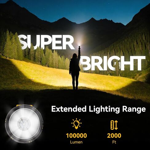 Rechargeable Spotlight 100000 Lumen, Super Bright Spotlight Flashlight with COB Light & Foldable Stand, Waterproof Long Lasting Handheld Spot Light for Camping Boating Emergency, Yellow in Kuwait