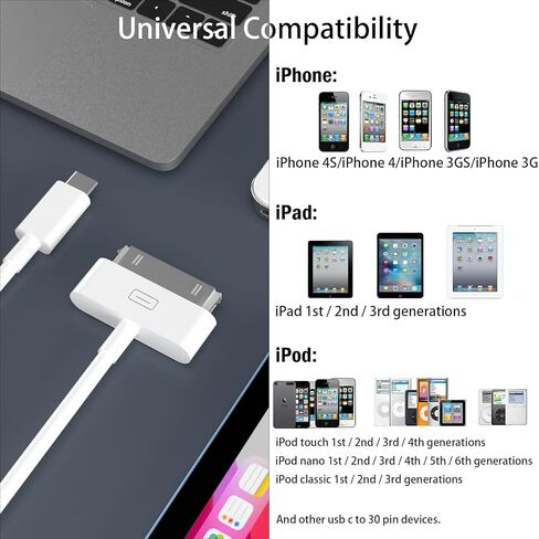 USB C to 30 Pin Cable for iPhone 4,【Apple MFi Certified】 3.3Feet USB Type-C to 30-Pin Charging & Data Sync Cord Compatible with iPhone 4/4S/3GS, iPad 1/2/3, iPod Classic/Nano/Touch (White) in Kuwait