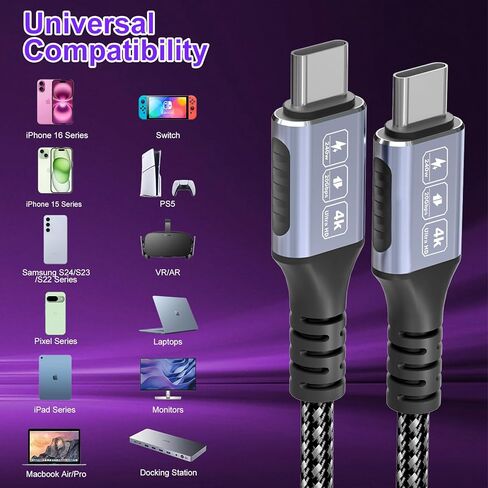 كابل 20FT/6M USB-C إلى USB-C 20 جيجابت في الثانية، شحن سريع 240 وات PD، فيديو 4K@60 هرتز، سلك كابل USB-C طويل مجدول من النايلون لأجهزة MacBook وiPad وiPhone 15/16/17 in Kuwait