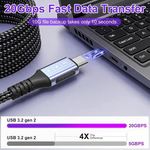 كابل 20FT/6M USB-C إلى USB-C 20 جيجابت في الثانية، شحن سريع 240 وات PD، فيديو 4K@60 هرتز، سلك كابل USB-C طويل مجدول من النايلون لأجهزة MacBook وiPad وiPhone 15/16/17 in Kuwait
