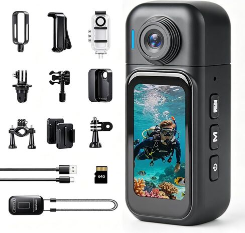 1080P Mini Body Camera - 64GB Action Camera Waterproof POV Cam with Smart Touch Screen & Charging Base Suitable for Vlogging Fitness Biking Skiing Fishing Baseball Motorcycle Pets(Black) in Kuwait