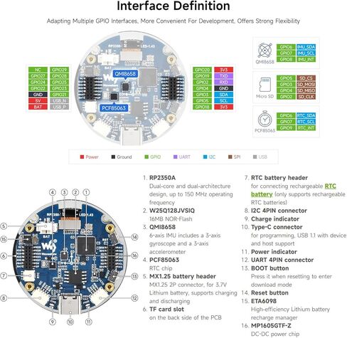 Waveshare RP2350 1.43inch AMOLED Display Development Board, 466×466, SPI Interface Round Display, Onboard Accelerometer and Gyroscope Sensor, RTC Chip in Kuwait