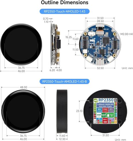 Waveshare RP2350 1.43inch AMOLED Display Development Board, 466×466, SPI Interface Round Display, Onboard Accelerometer and Gyroscope Sensor, RTC Chip in Kuwait