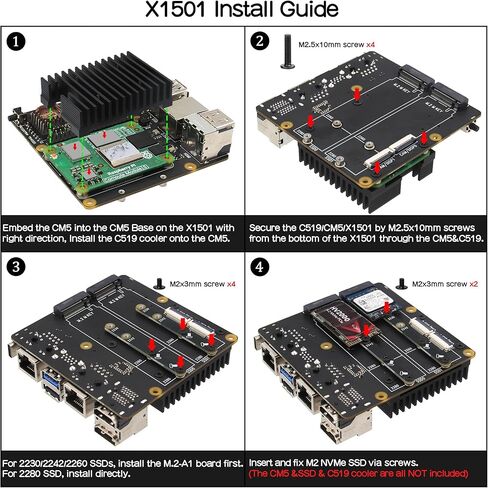 Geekworm X1501 CM5 IO Carrier Board+X1500-C1 Metal Case+GaN PD 27W Power Supply for Raspberry Pi Compute Module 5 Support Dual M.2 NVMe SSD|1GbE + 2.5GbE Ethernet Ports in Kuwait