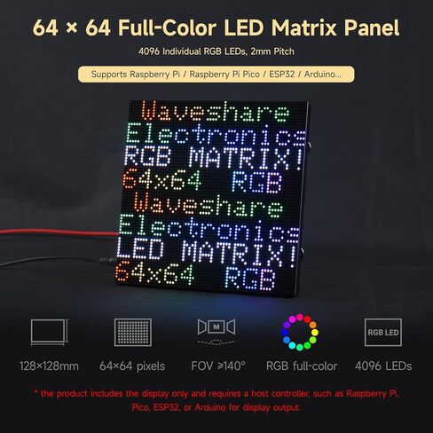 Waveshare RGB Full-Color LED Matrix Panel, 2mm Pitch, 64 × 64 Pixels, Adjustable Brightness, GOB Version in Kuwait