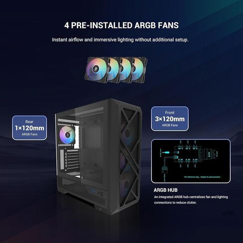 SAMA S41 Mid Tower PC Case - High Airflow ATX PC Gaming Case Mesh Front Panel & Tempered Glass Side Panel, 4×120mm ARGB PWM Fans with Fan Hub, USB Type-C, Back-Connect Ready, 360mm AIO Support - Black in Kuwait