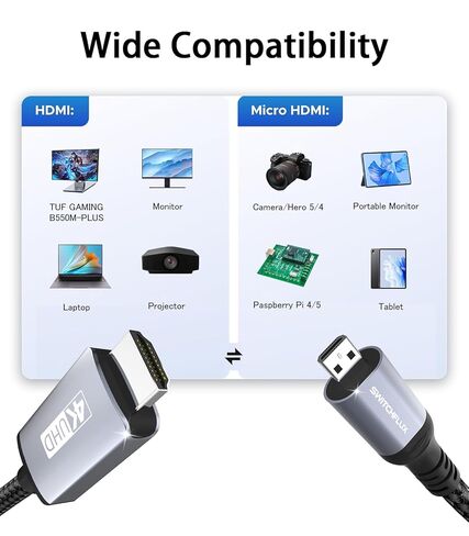 4K Micro HDMI to HDMI Cable 6FT, 4K@60Hz HDR High Speed HDMI Cord, Nylon Braided Compatible with GoPro Hero, Raspberry Pi 5/4, DSLR Camera, Laptop to TV in Kuwait