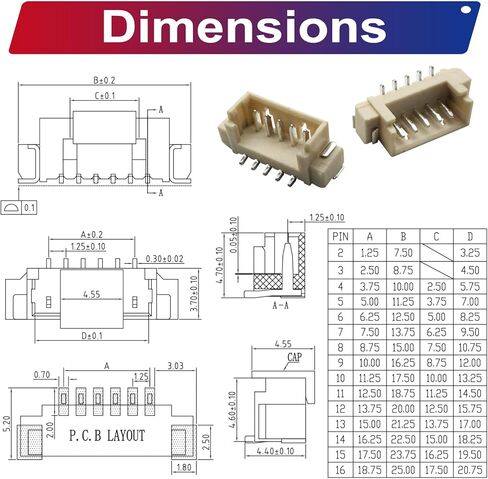 Compatible with Molex 1.25mm Pitch PicoBlade PCB Header Vertical Surface Mount 2 3 4 5 6 7 8 9 10 12 Circuits (TC-MX-1.25mm-SMT-VER) in Saudi Arabia