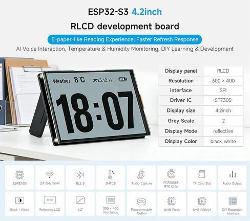 ESP32-S3 لوحة تطوير RLCD مقاس 4.2 بوصة، 300 × 400، شاشة تشبه الورق الإلكتروني، تدعم شبكة Wi-Fi وBLE، والتفاعل الصوتي AI، ومراقبة درجة الحرارة والرطوبة، والأجهزة الذكية ذاتية الصنع، وما إلى ذلك (بدون بطارية) in Kuwait