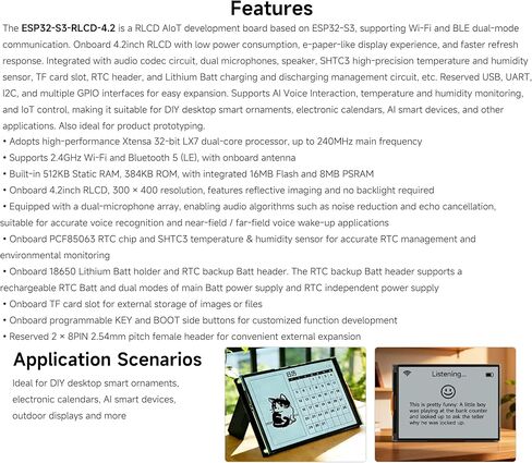 ESP32-S3 لوحة تطوير RLCD مقاس 4.2 بوصة، 300 × 400، شاشة تشبه الورق الإلكتروني، تدعم شبكة Wi-Fi وBLE، والتفاعل الصوتي AI، ومراقبة درجة الحرارة والرطوبة، والأجهزة الذكية ذاتية الصنع، وما إلى ذلك (بدون بطارية) in Kuwait