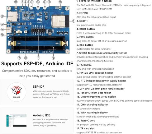 ESP32-S3 لوحة تطوير RLCD مقاس 4.2 بوصة، 300 × 400، شاشة تشبه الورق الإلكتروني، تدعم شبكة Wi-Fi وBLE، والتفاعل الصوتي AI، ومراقبة درجة الحرارة والرطوبة، والأجهزة الذكية ذاتية الصنع، وما إلى ذلك (بدون بطارية) in Kuwait