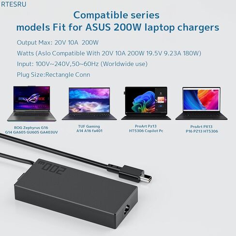 200w 20V 10A Ac Adapter Adp-200jb K Power Compatible with Asus Rog Zephyrus G16 G14 Gu605 Ga605 Gu605m Ga605w Tuf Gaming A14 Fa401u Fa401w Proart Px13 P16 Ht5306 H7606 Pz13 Hn7306 Laptops Charger in Kuwait