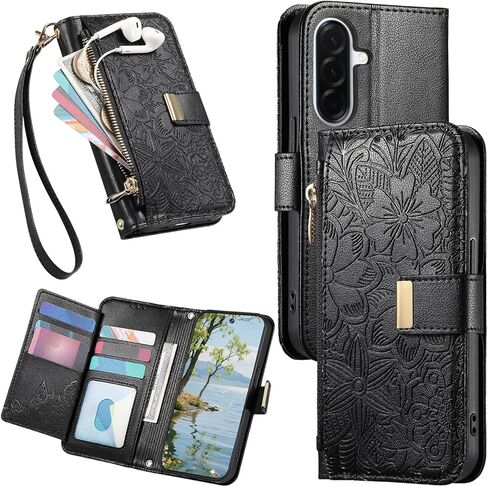 CCSmall Wallet Case for Samsung Galaxy A37, Floral Embossed PU Leather Folio Case with Card Holder, Zipper Pocket Magnetic Flip Cover with Wrist Strap for Samsung A37 - HYY Black in Saudi Arabia