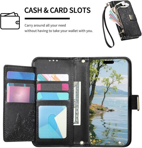 CCSmall Wallet Case for Samsung Galaxy A37, Floral Embossed PU Leather Folio Case with Card Holder, Zipper Pocket Magnetic Flip Cover with Wrist Strap for Samsung A37 - HYY Black in Saudi Arabia