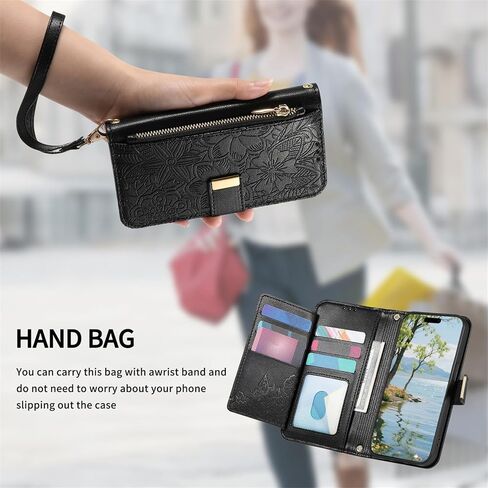 CCSmall Wallet Case for Samsung Galaxy A37, Floral Embossed PU Leather Folio Case with Card Holder, Zipper Pocket Magnetic Flip Cover with Wrist Strap for Samsung A37 - HYY Black in Saudi Arabia