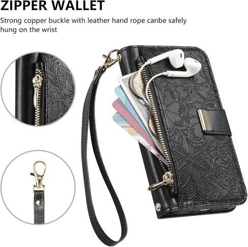 CCSmall Wallet Case for Samsung Galaxy A37, Floral Embossed PU Leather Folio Case with Card Holder, Zipper Pocket Magnetic Flip Cover with Wrist Strap for Samsung A37 - HYY Black in Saudi Arabia