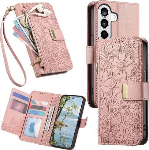CCSmall Wallet Case for Samsung Galaxy A37, Floral Embossed PU Leather Folio Case with Card Holder, Zipper Pocket Magnetic Flip Cover with Wrist Strap for Samsung A37 - HYY Black in Saudi Arabia
