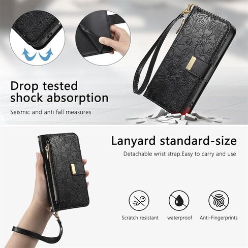 CCSmall Wallet Case for Samsung Galaxy A37, Floral Embossed PU Leather Folio Case with Card Holder, Zipper Pocket Magnetic Flip Cover with Wrist Strap for Samsung A37 - HYY Black in Saudi Arabia