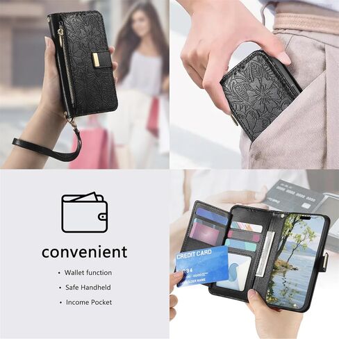 CCSmall Wallet Case for Samsung Galaxy A37, Floral Embossed PU Leather Folio Case with Card Holder, Zipper Pocket Magnetic Flip Cover with Wrist Strap for Samsung A37 - HYY Black in Saudi Arabia