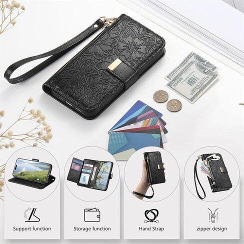 CCSmall Wallet Case for Samsung Galaxy A37, Floral Embossed PU Leather Folio Case with Card Holder, Zipper Pocket Magnetic Flip Cover with Wrist Strap for Samsung A37 - HYY Black in Saudi Arabia