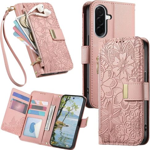 CCSmall Wallet Case for Samsung Galaxy A37, Floral Embossed PU Leather Folio Case with Card Holder, Zipper Pocket Magnetic Flip Cover with Wrist Strap for Samsung A37 - HYY Black in Saudi Arabia