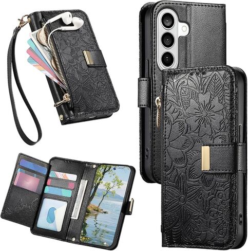 CCSmall Wallet Case for Samsung Galaxy A37, Floral Embossed PU Leather Folio Case with Card Holder, Zipper Pocket Magnetic Flip Cover with Wrist Strap for Samsung A37 - HYY Black in Saudi Arabia
