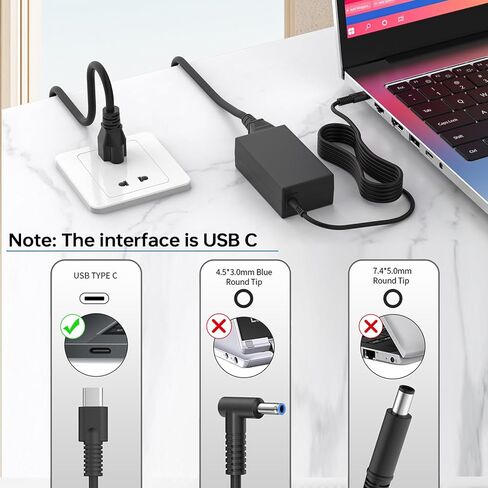 65W 45W USB C Laptop Charger Compatible with HP Probook 440 640, EliteBook 850 G8, Spectre X360 13 & Envy Chromebook Type C Fast Charging Power AC Adapter in Kuwait