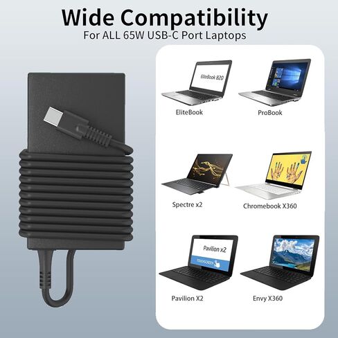 65W 45W USB C Laptop Charger Compatible with HP Probook 440 640, EliteBook 850 G8, Spectre X360 13 & Envy Chromebook Type C Fast Charging Power AC Adapter in Kuwait
