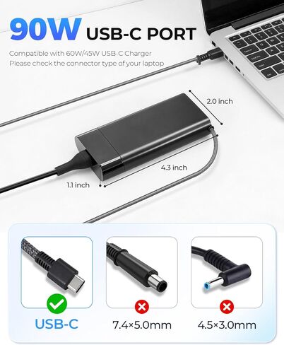 90W USB C Laptop Charger Compatible with HP Spectre x360 904144-850 2LN85AA 904082-003 Envy x360 17 16 15 14 Chromebook 14 G5 ZBook 15u G5 ProBook, AC Adapter Charger with Power Cord in Kuwait