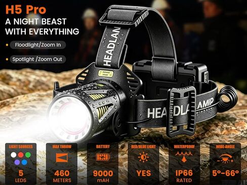 Long Range Rechargeable Headlamp, 5-Color-in-1, Zoomable Hunting Headlamp for Coyotes Hog Predators, Blood Tracking Light, Head Lamp Light for Search Rescue Outdoor Use Emergencies Gift in Kuwait