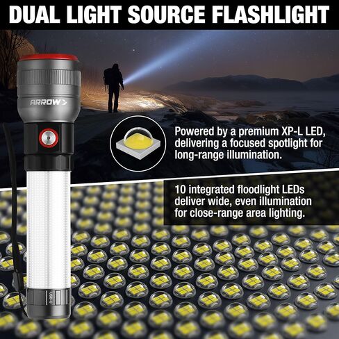 Arrow Rechargeable Flashlights 1200 Lumens with Body Area Light, Bright LED Flashlight with Memory Function, Zoomable Flash Light with USB-C Charging for Camping, Power Outage & Emergency in Kuwait
