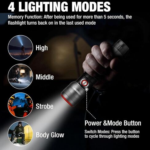 Arrow Rechargeable Flashlights 1200 Lumens with Body Area Light, Bright LED Flashlight with Memory Function, Zoomable Flash Light with USB-C Charging for Camping, Power Outage & Emergency in Kuwait
