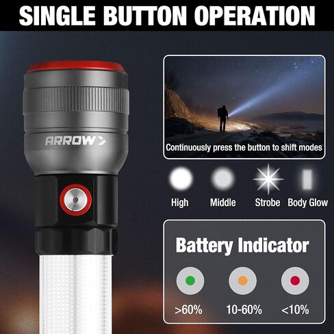 Arrow Rechargeable Flashlights 1200 Lumens with Body Area Light, Bright LED Flashlight with Memory Function, Zoomable Flash Light with USB-C Charging for Camping, Power Outage & Emergency in Kuwait