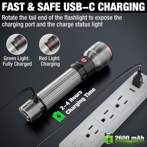 Arrow Rechargeable Flashlights 1200 Lumens with Body Area Light, Bright LED Flashlight with Memory Function, Zoomable Flash Light with USB-C Charging for Camping, Power Outage & Emergency in Kuwait