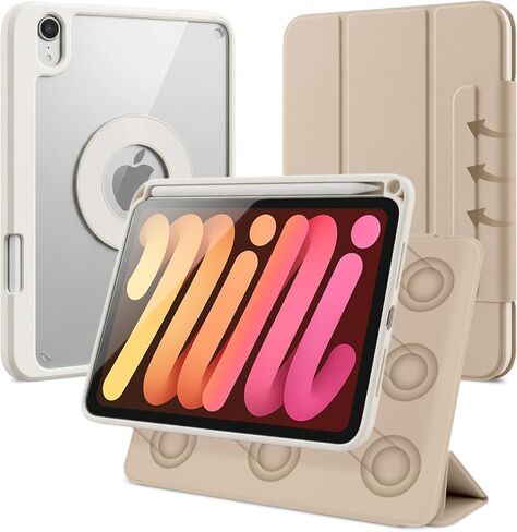 حافظة لجهاز iPad mini 7 A17 Pro، iPad mini 7/6 Gen. 8.3 بوصة 2024/2021، غطاء مغناطيسي قابل للإزالة والفصل مع حامل أقلام، حامل رأسي قابل للتعديل، زوايا متعددة الطي ثلاثي، قهوة الشوفان + أبيض in Kuwait