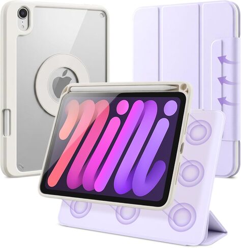 حافظة لجهاز iPad mini 7 A17 Pro، iPad mini 7/6 Gen. 8.3 بوصة 2024/2021، غطاء مغناطيسي قابل للإزالة والفصل مع حامل أقلام، حامل رأسي قابل للتعديل، زوايا متعددة الطي ثلاثي، قهوة الشوفان + أبيض in Kuwait