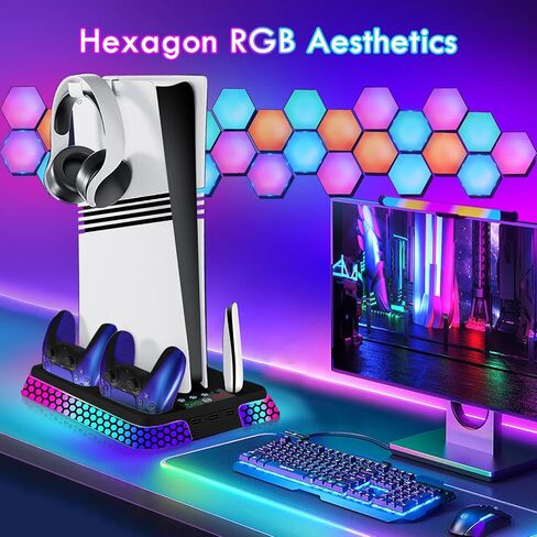 محطة تبريد Pro Slim مع مصابيح RGB، وإكسسوارات قاعدة عمودية مع مراوح تبريد صامتة 3 مستويات، وشاحن وحدة تحكم مزدوجة ومحاور USB (أسود) in Kuwait