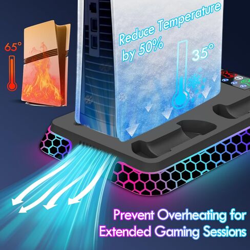محطة تبريد Pro Slim مع مصابيح RGB، وإكسسوارات قاعدة عمودية مع مراوح تبريد صامتة 3 مستويات، وشاحن وحدة تحكم مزدوجة ومحاور USB (أسود) in Kuwait