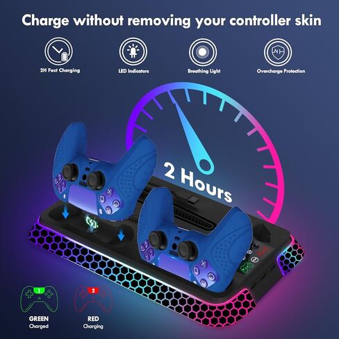 محطة تبريد Pro Slim مع مصابيح RGB، وإكسسوارات قاعدة عمودية مع مراوح تبريد صامتة 3 مستويات، وشاحن وحدة تحكم مزدوجة ومحاور USB (أسود) in Kuwait