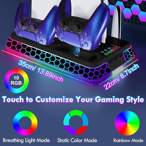 محطة تبريد Pro Slim مع مصابيح RGB، وإكسسوارات قاعدة عمودية مع مراوح تبريد صامتة 3 مستويات، وشاحن وحدة تحكم مزدوجة ومحاور USB (أسود) in Kuwait