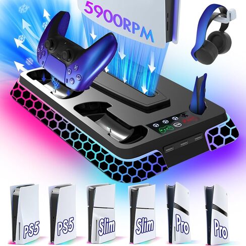محطة تبريد Pro Slim مع مصابيح RGB، وإكسسوارات قاعدة عمودية مع مراوح تبريد صامتة 3 مستويات، وشاحن وحدة تحكم مزدوجة ومحاور USB (أسود) in Kuwait