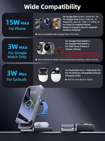 Wireless Charger for Google, 3 in 1 Wireless Charging Station for Pixel Watch 3/2 Charger, Fast Charger Stand for Fitbit Versa 4/3/Sense 2, Google Pixel 10/10a/9/Pro/8(Not for Pixel Watch 4/1) in Kuwait