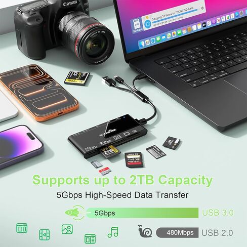 بطاقة ZQ-CR 7 في 1 USB-A+USB-C+محول بطاقة ذاكرة Lightning لـ MS/XD/CF/SD، محول USB3.0 متعدد البطاقات لأنظمة Windows وMac وiOS وAndroid، التوصيل والتشغيل للقراءة/الكتابة بسرعة 5 جيجابت في الثانية لأجهزة iPhone/iPad/MacBook/Samsung/PC in Kuwait
