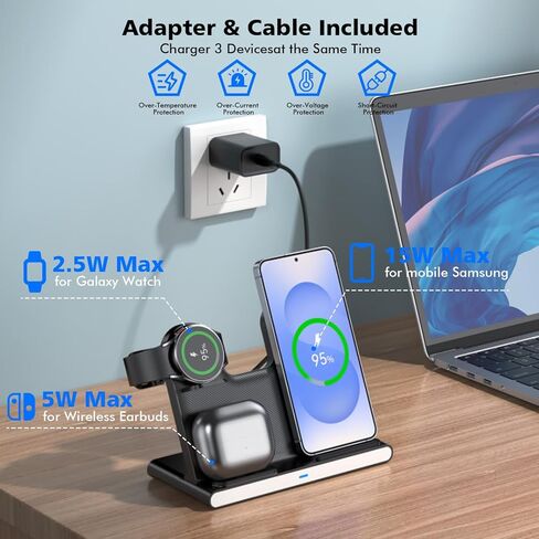 Samsung S25 Wireless Charger Station,3 in 1 Wireless Charger for Samsung Galaxy S25 Ultra/S24/S23/Z Fold/Flip 7/6/5,for Galaxy Watch 8/7/6/5/Pro,buds, Charging Station for iPhone 17/16/15 with Adapter in Kuwait