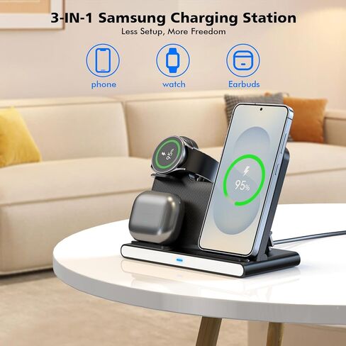 Samsung S25 Wireless Charger Station,3 in 1 Wireless Charger for Samsung Galaxy S25 Ultra/S24/S23/Z Fold/Flip 7/6/5,for Galaxy Watch 8/7/6/5/Pro,buds, Charging Station for iPhone 17/16/15 with Adapter in Kuwait