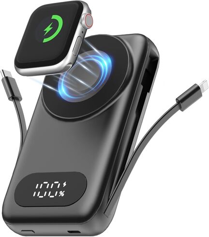 SHENMZ Magnetic Portable Charger 26800mAh for iPhone 17/16/15/14/13/12 with Built-in Cables， iWatch Charger，Wireless Power Bank for Apple Watch and for airpods,Galaxy, Android Phones(Black) in Kuwait