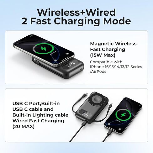 SHENMZ Magnetic Portable Charger 26800mAh for iPhone 17/16/15/14/13/12 with Built-in Cables， iWatch Charger，Wireless Power Bank for Apple Watch and for airpods,Galaxy, Android Phones(Black) in Kuwait