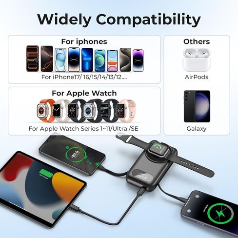 SHENMZ Magnetic Portable Charger 26800mAh for iPhone 17/16/15/14/13/12 with Built-in Cables， iWatch Charger，Wireless Power Bank for Apple Watch and for airpods,Galaxy, Android Phones(Black) in Kuwait